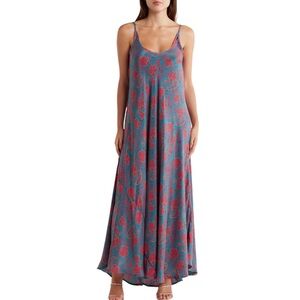 La Fiorentina Silk Blend Maxi Dress Teal Pink Floral A-Line NWT Large